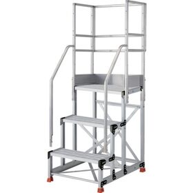 ＴＲＵＳＣＯ　アルミ製作業用踏台　グレーチングタイプ　３段　高さ０．７５ｍ　天板寸法６００×４００　段高２５０ｍｍ　フルセット手すり付き